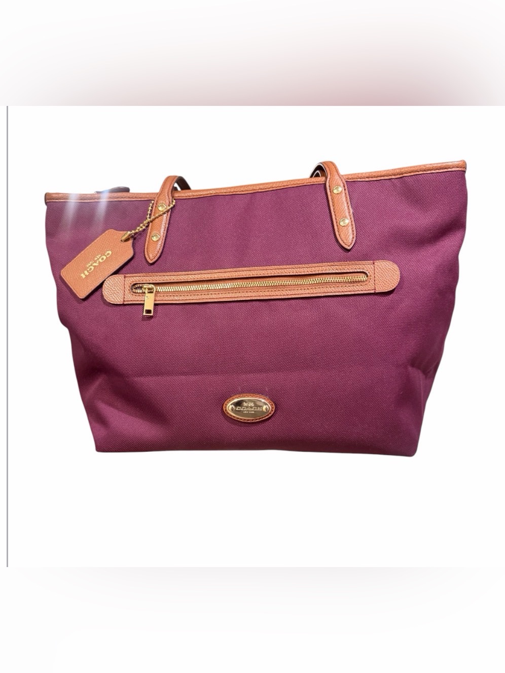 Coach Sawyer Tote Plum Canvas Shoulder Tote W Tan Leather Trim-W Coa /Preowned